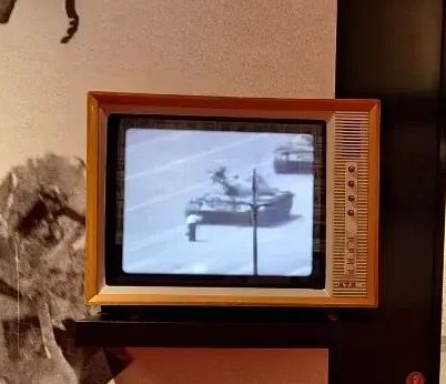 A TV in the exhibition showing the world famous image in Tian'anmen Square on 4 June 1989